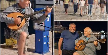 Ο συμπολίτης μας Μάριος Σκιαθίτης διασκεδάζει και φέτος τους τουρίστες στο λιμάνι με το μπουζούκι του
