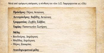 Συγκροτήθηκε σε σώμα το νέο Δ.Σ. του Σ/γου Κεφάλου "Αρωγή" με πρόεδρο τον Αντώνιο Πέρο 