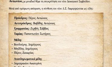 Συγκροτήθηκε σε σώμα το νέο Δ.Σ. του Σ/γου Κεφάλου "Αρωγή" με πρόεδρο τον Αντώνιο Πέρο 