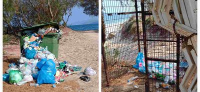 Παράπονα για τον σπασμένο κάδο σκουπιδιών σε παραλία στο Μαρμάρι