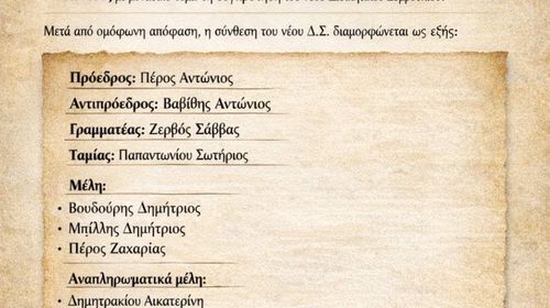 Συγκροτήθηκε σε σώμα το νέο Δ.Σ. του Σ/γου Κεφάλου "Αρωγή" με πρόεδρο τον Αντώνιο Πέρο 