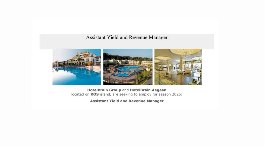 HotelBrain Group and HotelBrain Aegean located οn KOS island, are seeking to employ for season 2026: Assistant Yield and Revenue Manager