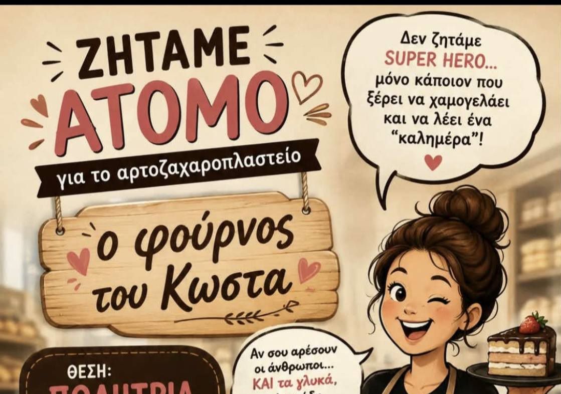 Zητείται πωλήτρια για το αρτοζαχαροπλαστείο "Ο φούρνος του Κώστα"