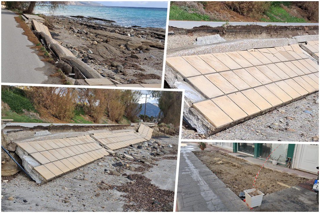 Ζημιές από την κακοκαιρία στην Καρδαμαινα - Κατέρρευσε πεζοδρομιο στον παραλιακό δρόμο 
